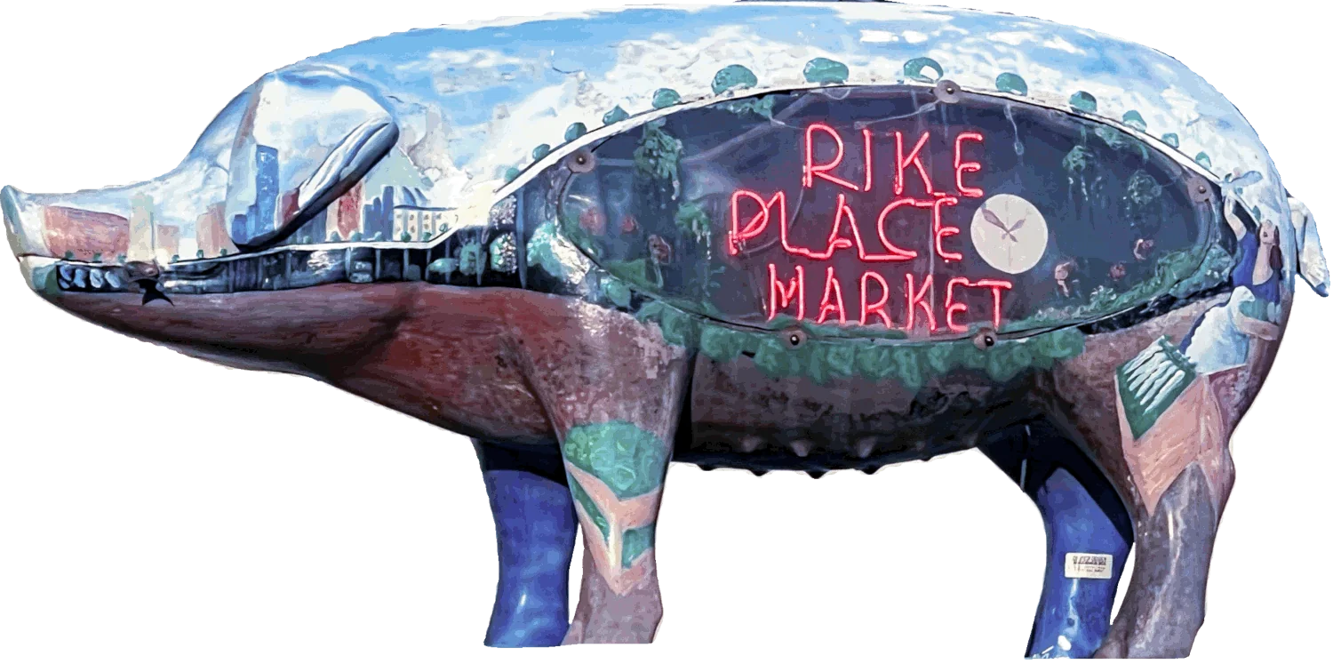 A pig sculpure at Pike Place Market in Seattle